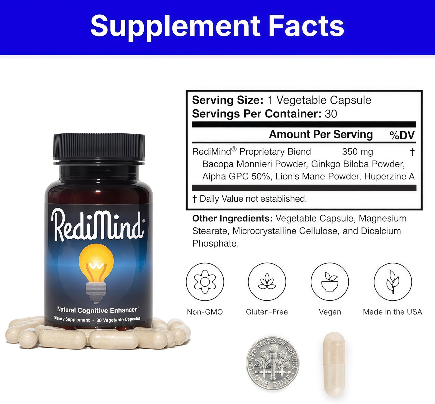 RediMind - Natural Cognitive Enhancement Supplement Capsule - Non-GMO, Vegan, Gluten-Free
